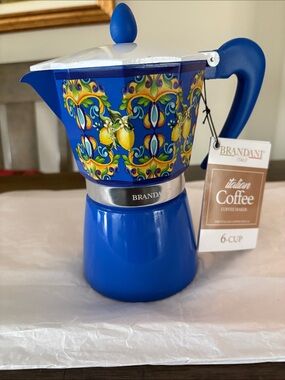 Brandani Italian Style Espresso/coffee/Moka Pot 6 Cup Blue Lemon Design